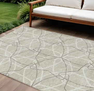 9' X 12' Beige And Ivory Geometric Washable Indoor Outdoor Area Rug