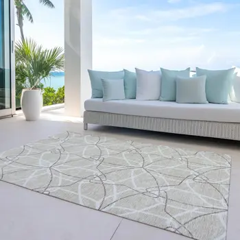 9' X 12' Beige And Ivory Geometric Washable Indoor Outdoor Area Rug
