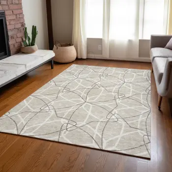 9' X 12' Beige And Ivory Geometric Washable Indoor Outdoor Area Rug