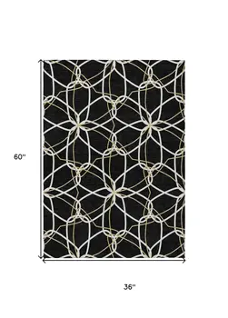 3' X 5' Black And Ivory Geometric Washable Indoor Outdoor Area Rug