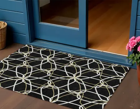 3' X 5' Black And Ivory Geometric Washable Indoor Outdoor Area Rug