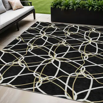5' X 8' Black And Ivory Geometric Washable Indoor Outdoor Area Rug