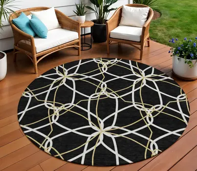 8' Black And Ivory Round Geometric Washable Indoor Outdoor Area Rug