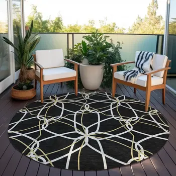 8' Black And Ivory Round Geometric Washable Indoor Outdoor Area Rug
