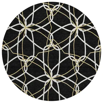 8' Black And Ivory Round Geometric Washable Indoor Outdoor Area Rug