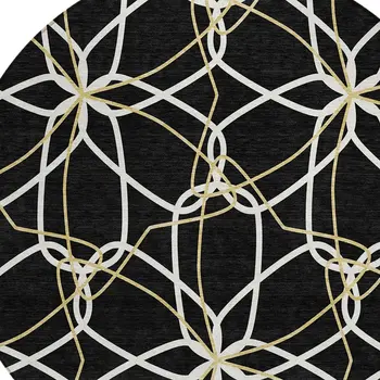 8' Black And Ivory Round Geometric Washable Indoor Outdoor Area Rug