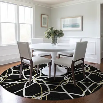 8' Black And Ivory Round Geometric Washable Indoor Outdoor Area Rug