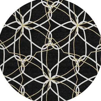8' Black And Ivory Round Geometric Washable Indoor Outdoor Area Rug