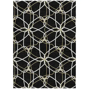 9' X 12' Black And Ivory Geometric Washable Indoor Outdoor Area Rug