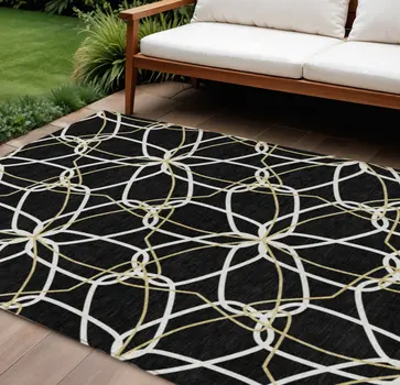 9' X 12' Black And Ivory Geometric Washable Indoor Outdoor Area Rug