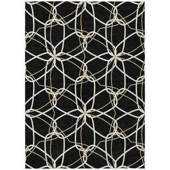 9' X 12' Black And Ivory Geometric Washable Indoor Outdoor Area Rug