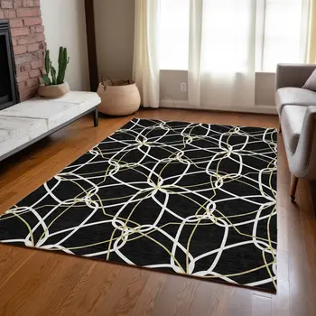 9' X 12' Black And Ivory Geometric Washable Indoor Outdoor Area Rug