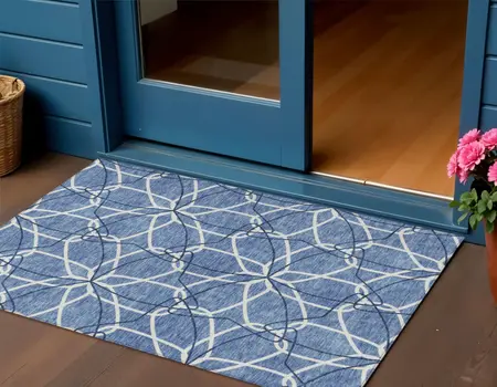 3' X 5' Denim Blue And Ivory Geometric Washable Indoor Outdoor Area Rug