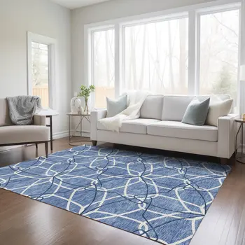 3' X 5' Denim Blue And Ivory Geometric Washable Indoor Outdoor Area Rug