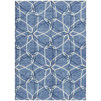 5' X 8' Denim Blue And Ivory Geometric Washable Indoor Outdoor Area Rug