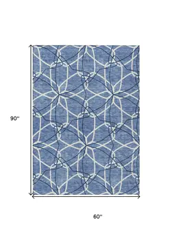 5' X 8' Denim Blue And Ivory Geometric Washable Indoor Outdoor Area Rug