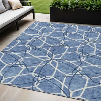 5' X 8' Denim Blue And Ivory Geometric Washable Indoor Outdoor Area Rug