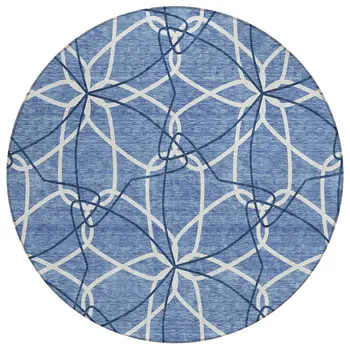 8' Denim Blue And Ivory Round Geometric Washable Indoor Outdoor Area Rug