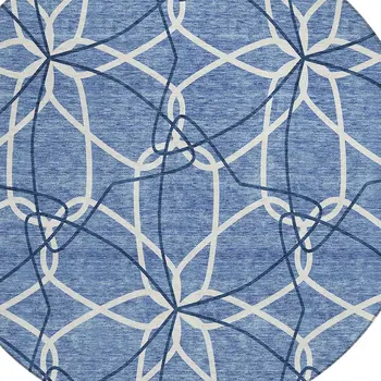 8' Denim Blue And Ivory Round Geometric Washable Indoor Outdoor Area Rug