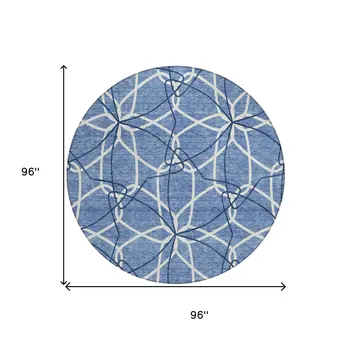 8' Denim Blue And Ivory Round Geometric Washable Indoor Outdoor Area Rug