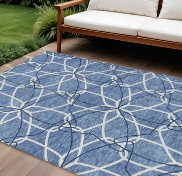 8' X 10' Denim Blue And Ivory Geometric Washable Indoor Outdoor Area Rug