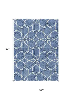 9' X 12' Denim Blue And Ivory Geometric Washable Indoor Outdoor Area Rug