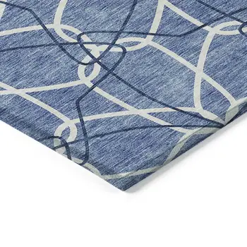 9' X 12' Denim Blue And Ivory Geometric Washable Indoor Outdoor Area Rug