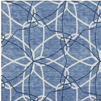 9' X 12' Denim Blue And Ivory Geometric Washable Indoor Outdoor Area Rug