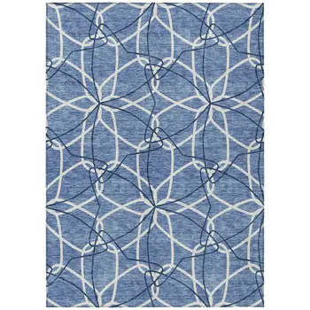 10' X 14' Denim Blue And Ivory Geometric Washable Indoor Outdoor Area Rug