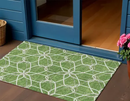 3' X 5' Green And Ivory Geometric Washable Indoor Outdoor Area Rug