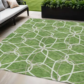 5' X 8' Green And Ivory Geometric Washable Indoor Outdoor Area Rug
