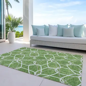 5' X 8' Green And Ivory Geometric Washable Indoor Outdoor Area Rug