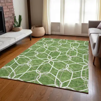 5' X 8' Green And Ivory Geometric Washable Indoor Outdoor Area Rug