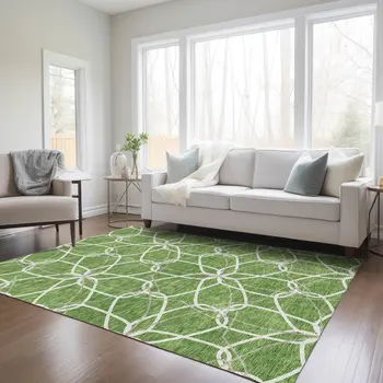 5' X 8' Green And Ivory Geometric Washable Indoor Outdoor Area Rug