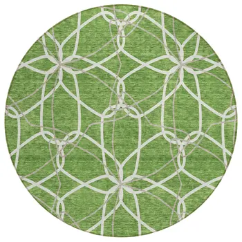 8' Green And Ivory Round Geometric Washable Indoor Outdoor Area Rug