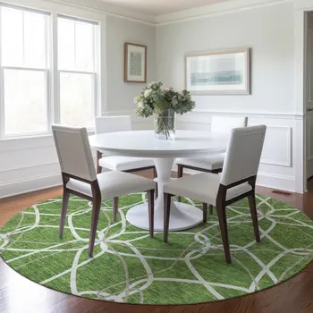 8' Green And Ivory Round Geometric Washable Indoor Outdoor Area Rug