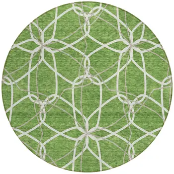 8' Green And Ivory Round Geometric Washable Indoor Outdoor Area Rug