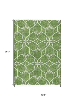 9' X 12' Green And Ivory Geometric Washable Indoor Outdoor Area Rug