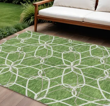 9' X 12' Green And Ivory Geometric Washable Indoor Outdoor Area Rug