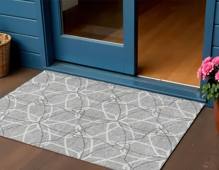 3' X 5' Gray And Ivory Geometric Washable Indoor Outdoor Area Rug