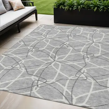 5' X 8' Gray And Ivory Geometric Washable Indoor Outdoor Area Rug