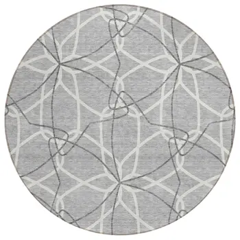 8' Gray And Ivory Round Geometric Washable Indoor Outdoor Area Rug