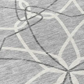 8' Gray And Ivory Round Geometric Washable Indoor Outdoor Area Rug