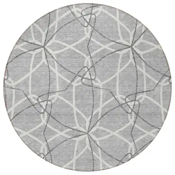 8' Gray And Ivory Round Geometric Washable Indoor Outdoor Area Rug