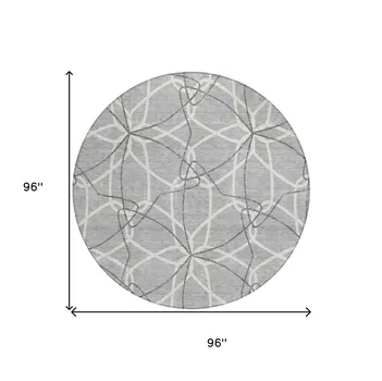 8' Gray And Ivory Round Geometric Washable Indoor Outdoor Area Rug
