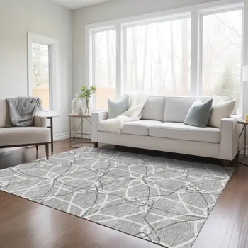10' X 14' Gray And Ivory Geometric Washable Indoor Outdoor Area Rug