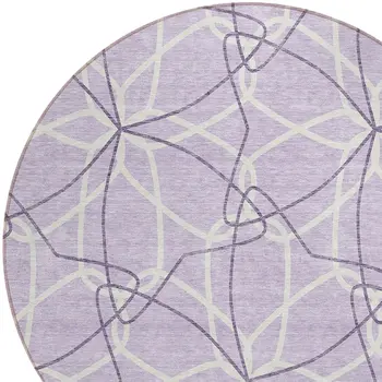 8' Lavender And Ivory Round Geometric Washable Indoor Outdoor Area Rug