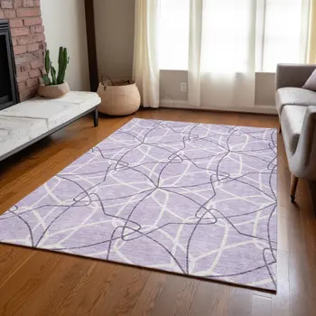 9' X 12' Lavender And Ivory Geometric Washable Indoor Outdoor Area Rug