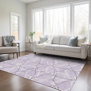 9' X 12' Lavender And Ivory Geometric Washable Indoor Outdoor Area Rug