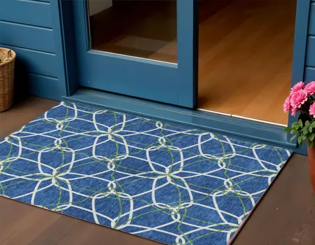 3' X 5' Navy Blue And Ivory Geometric Washable Indoor Outdoor Area Rug